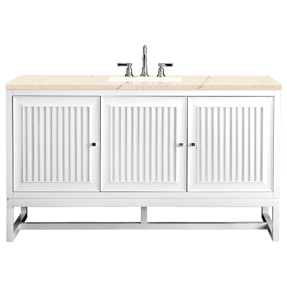 James Martin Vanities Athens 60" Single Bathroom Vanity in Glossy White with 3 cm Carrara White Marble Top and Rectangular Sink, , large