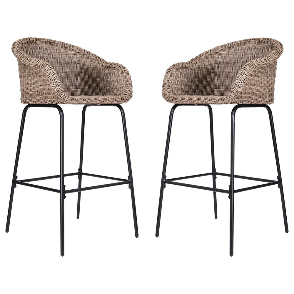 Hearth and Haven Ladd Outdoor Faux Wicker Barstool with Black Metal Frame in Light Brown (Set of 2), , large