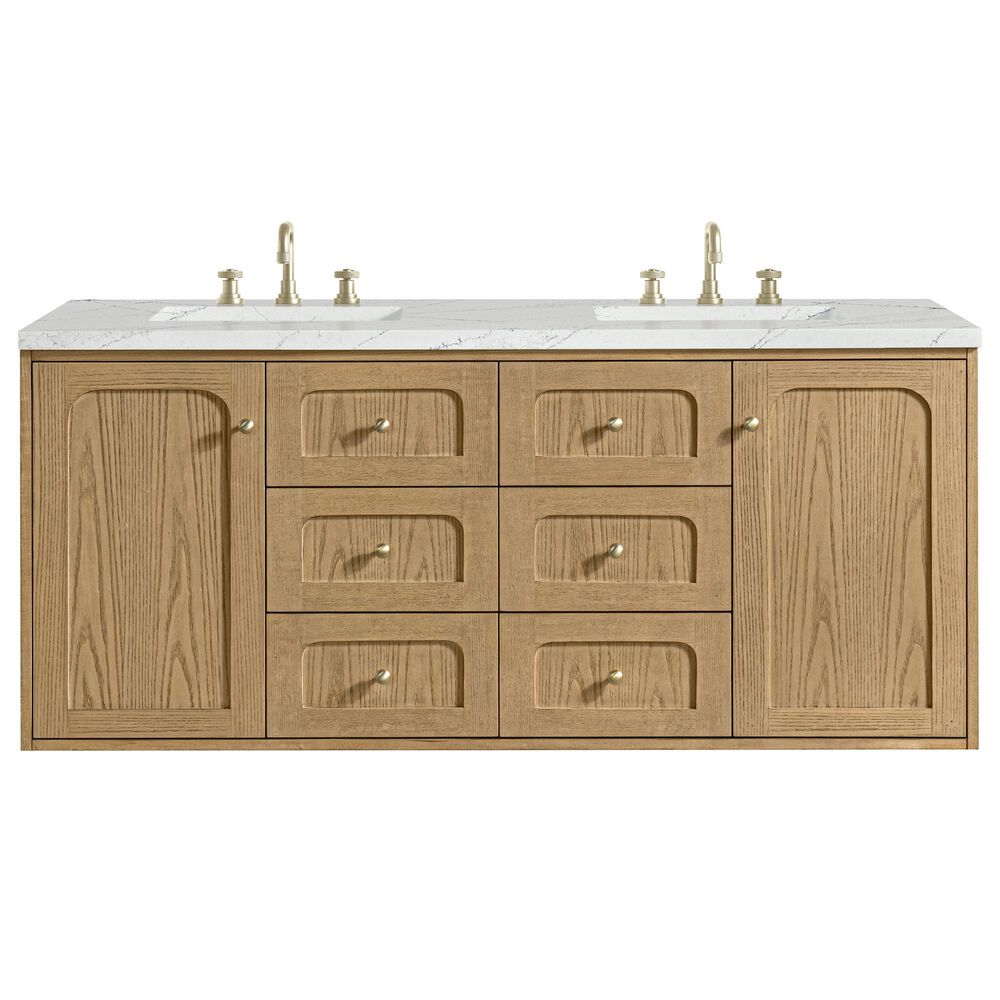 James Martin Vanities Laurent 60&quot; Double Bathroom Vanity in Light Natural Oak with 3 cm Ethereal Noctis Quartz Top and Rectangular Sinks, , large