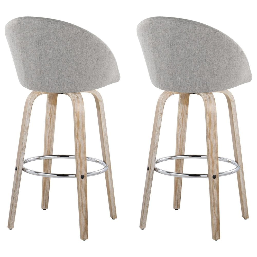 LumiSource Matisse 30" Swivel Barstool with Grey Fabric Upholstery in Whitewashed and Chrome (Set of 2), , large