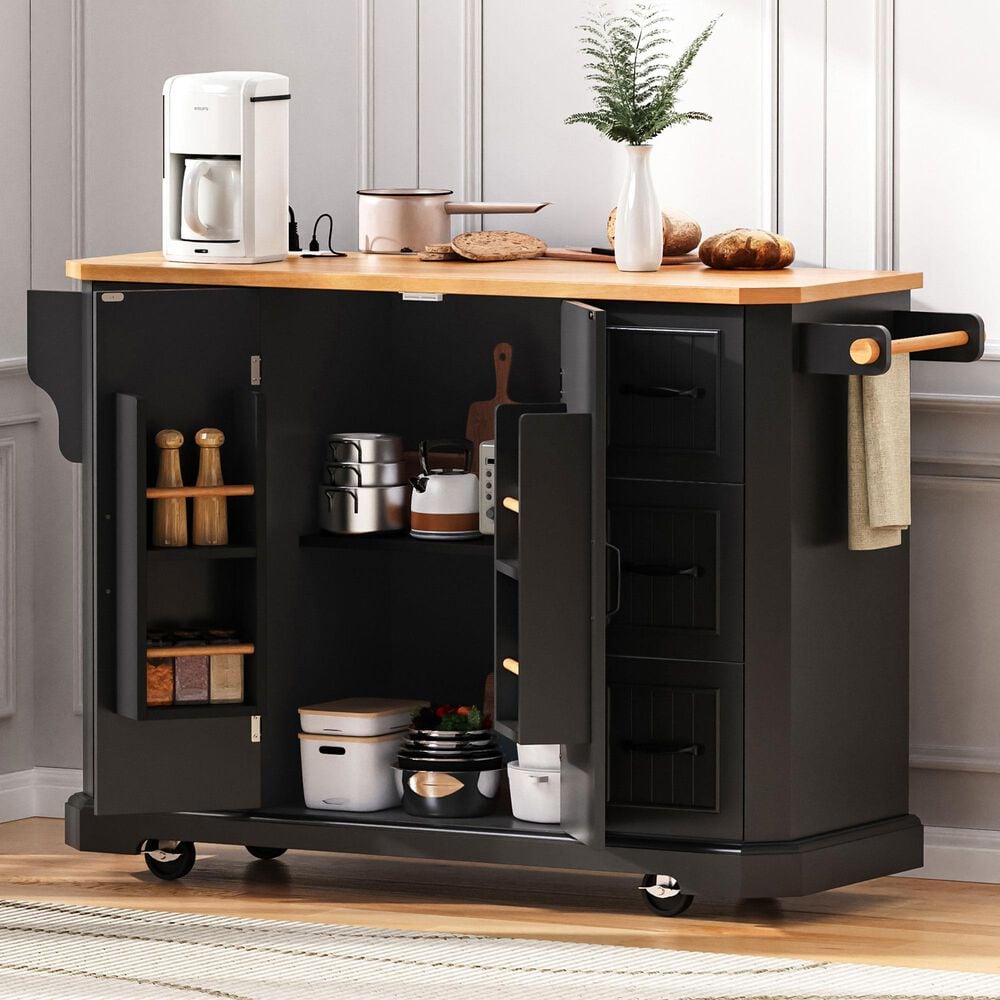 HOMLUX 56" Kitchen Island with Drop Leaf in Black, , large