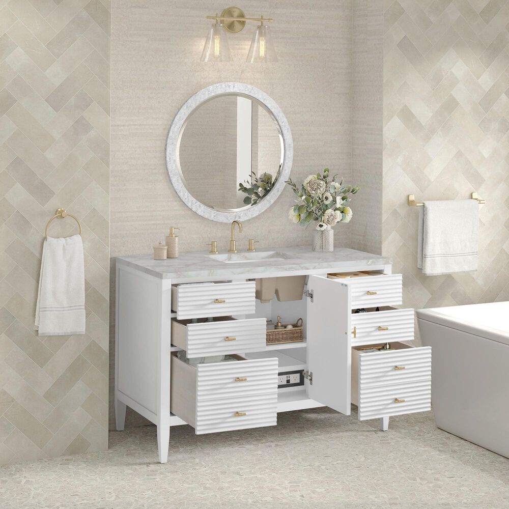 James Martin Vanities Myrrin 48" Single Bathroom Vanity in Bright White with 3 cm Eternal Jasmine Pearl Silestone Top, Rectangular Sink and FreePower Wireless Charger, , large