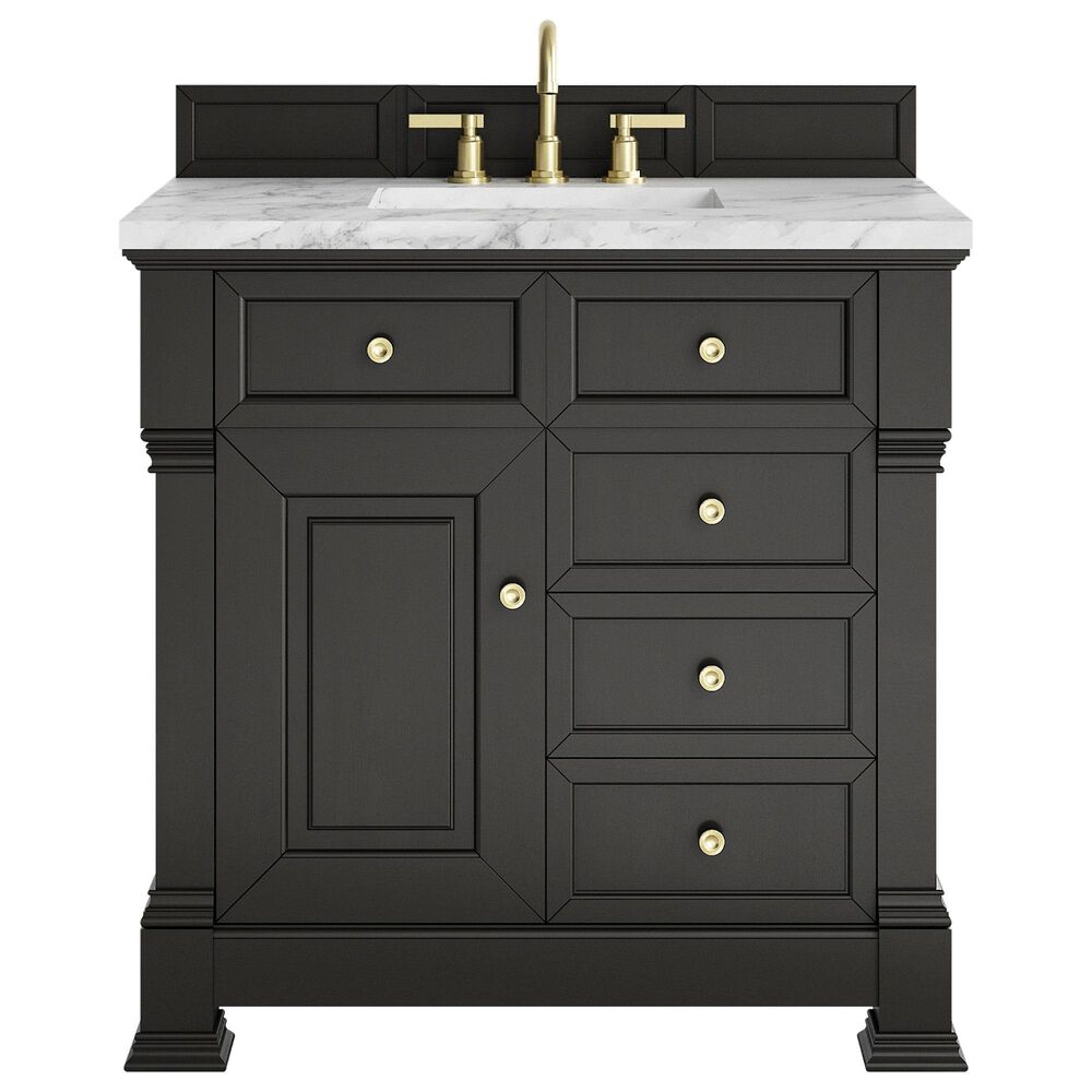 James Martin Vanities Brookfield 36&quot; Single Bathroom Vanity in Black Onyx with 3 cm Carrara White Marble Top and Rectangular Sink, , large