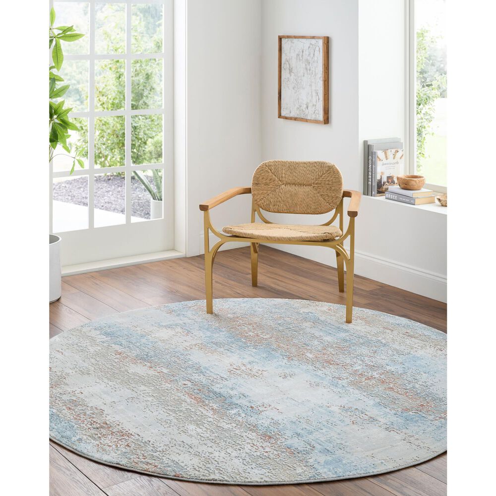 Surya Brunswick 5'3" Round Blue, Taupe, Cream, Tan, Seafoam and Gray Area Rug, , large