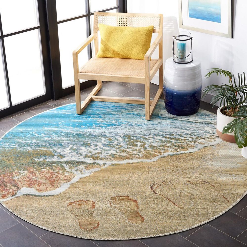 Safavieh Barbados Tropical Beach  5'3" Round Gold and Blue Indoor/Outdoor Area Rug, , large