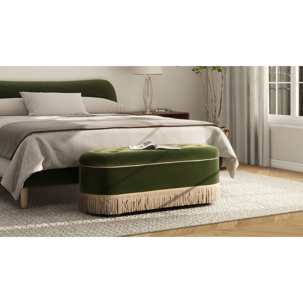 Jennifer Taylor Home Melinda Storage Bench with Tufted Bullion Fringe in Olive Green, , large