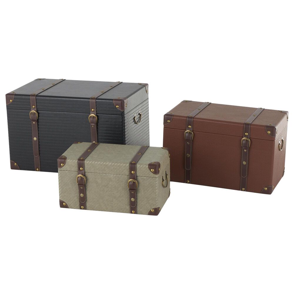 Maple and Jade 3-Piece Vintage Studded Woven Storage Decorative Trunk Set in Blue, Cream, and Maroon, , large