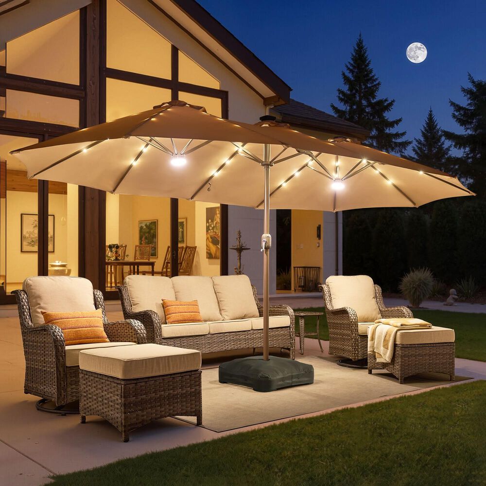 HOMLUX 15' Outdoor Market Umbrella with Sandbags Base and LED Lights in Khaki, , large