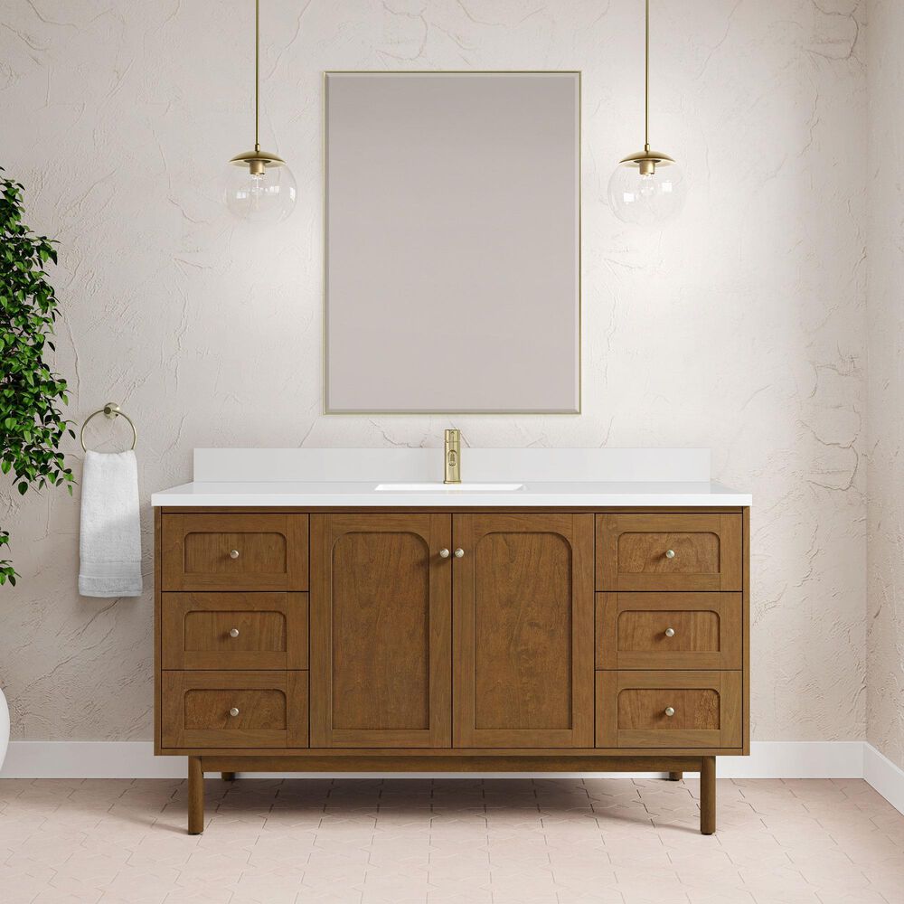James Martin Laurent 60" Single Bathroom Vanity in Honey Oak with Single Hole 3 cm White Zeus Silestone Top and Rectangular Sink, , large