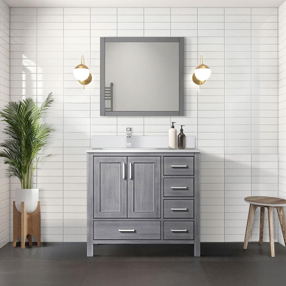 Lexora Home Jacques 36&quot; Left Offset Single Bathroom Vanity in Distressed Grey with 2 cm White Quartz Top and Rectangular Sink, , large