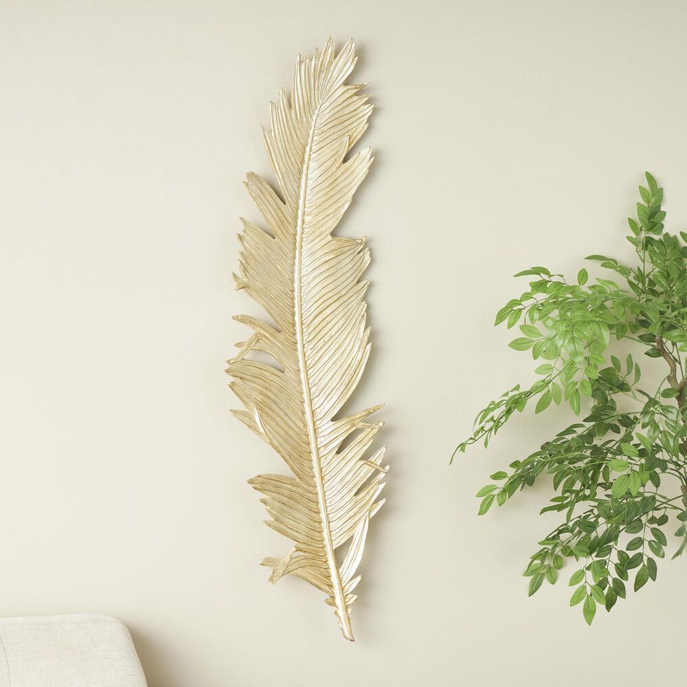 Maple and Jade 47&quot; x 14&quot; x 2&quot; Polystone Bird Large Feather Wall Decor in Gold, , large