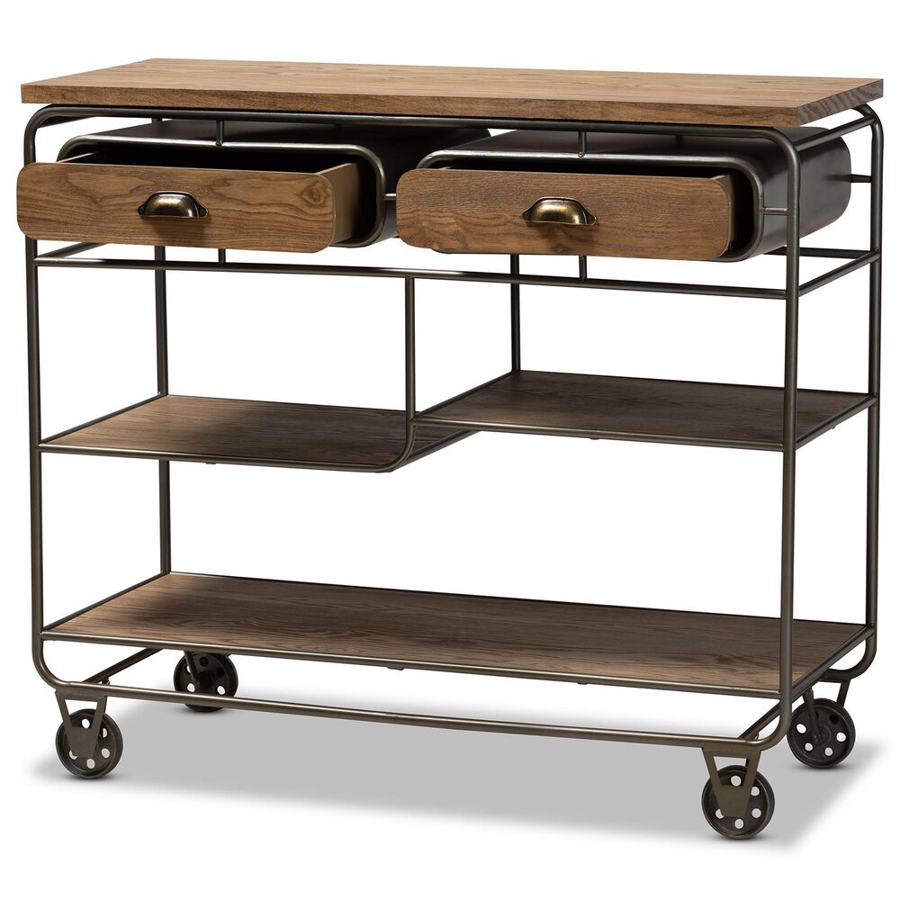 Baxton Studio Grant 2-Drawer Kitchen Cart in Oak Brown and Black, , large