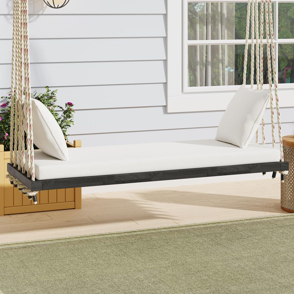 Hearth and Haven Topmax Outdoor Hanging Porch Swing Bench with Beige Cushion in Brown, , large