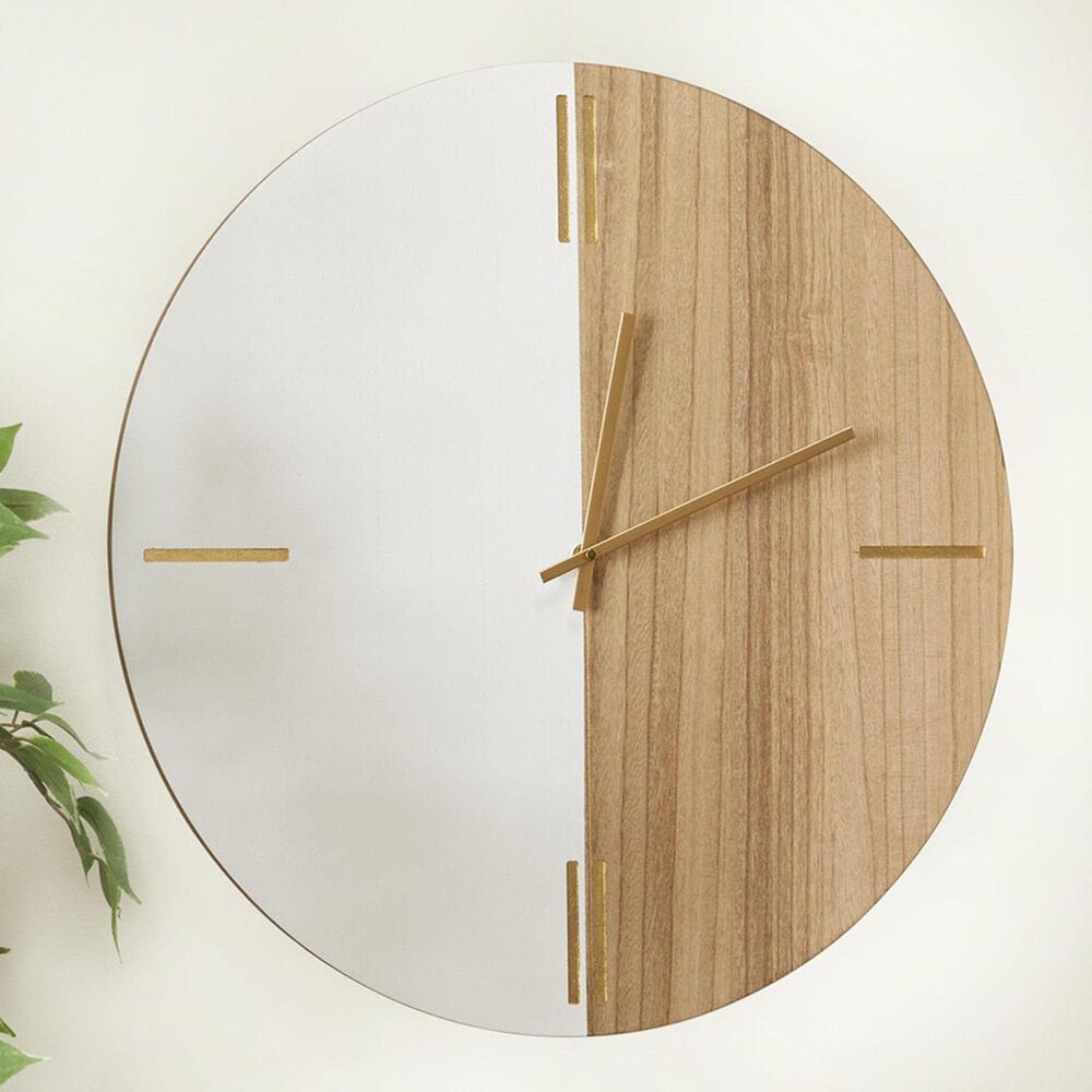 Maple and Jade Decorative Wall Clock with Marble Side in Oiled Brown and White, , large