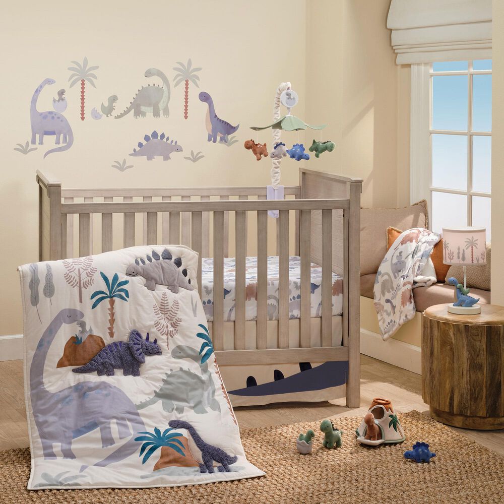 Lambs &amp; Ivy Dino-Might 3-Piece Crib Bedding Set in White, Gray and Blue, , large
