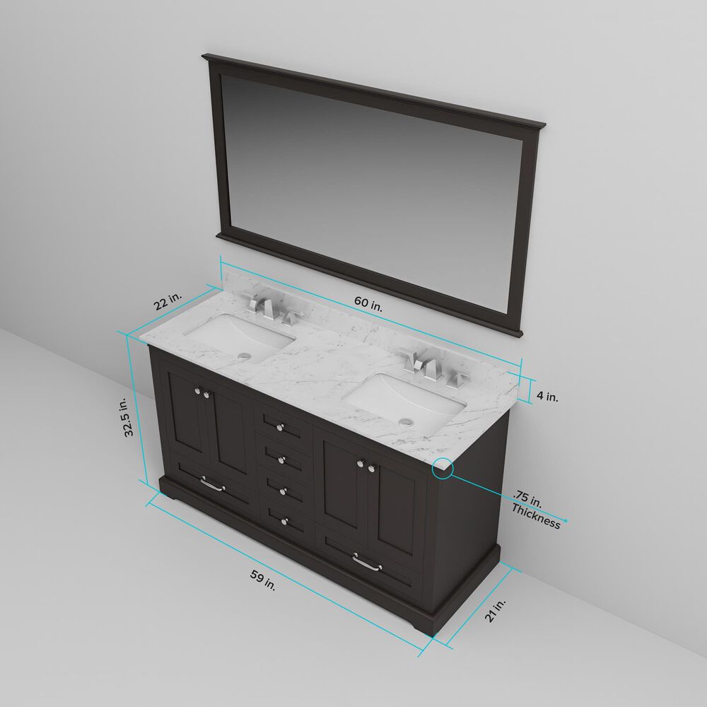 Lexora Home Dukes 60" Double Bathroom Vanity in Espresso with 2 cm White Carrara Marble Top and Rectangular Sinks, , large