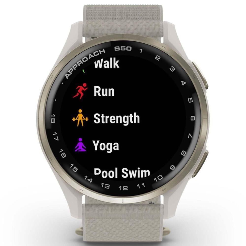 Garmin Approach S50 43mm Golf and Fitness Smartwatch Cream Gold Aluminum Bezel Case with Ivory Nylon Band, , large
