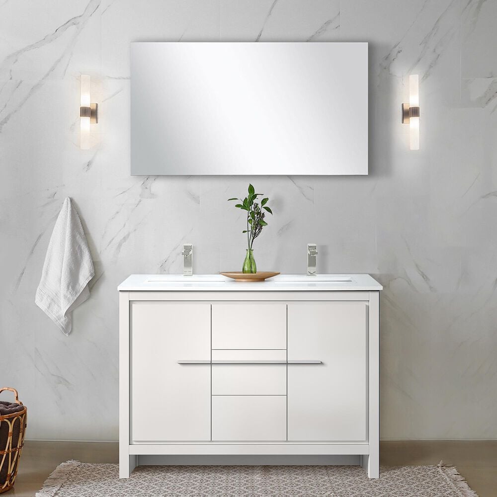 Lexora Home Lafarre 48&quot; Double Bathroom Vanity in Navy Blue with 2 cm White Quartz Top, Rectangular Sinks and 43&quot; Mirror, , large
