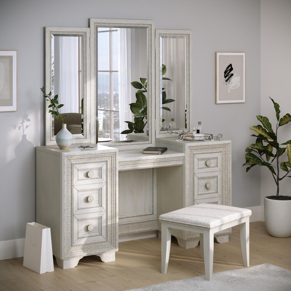 Pulaski Furniture Corp Camila Vanity and Mirror in White and Silver, , large