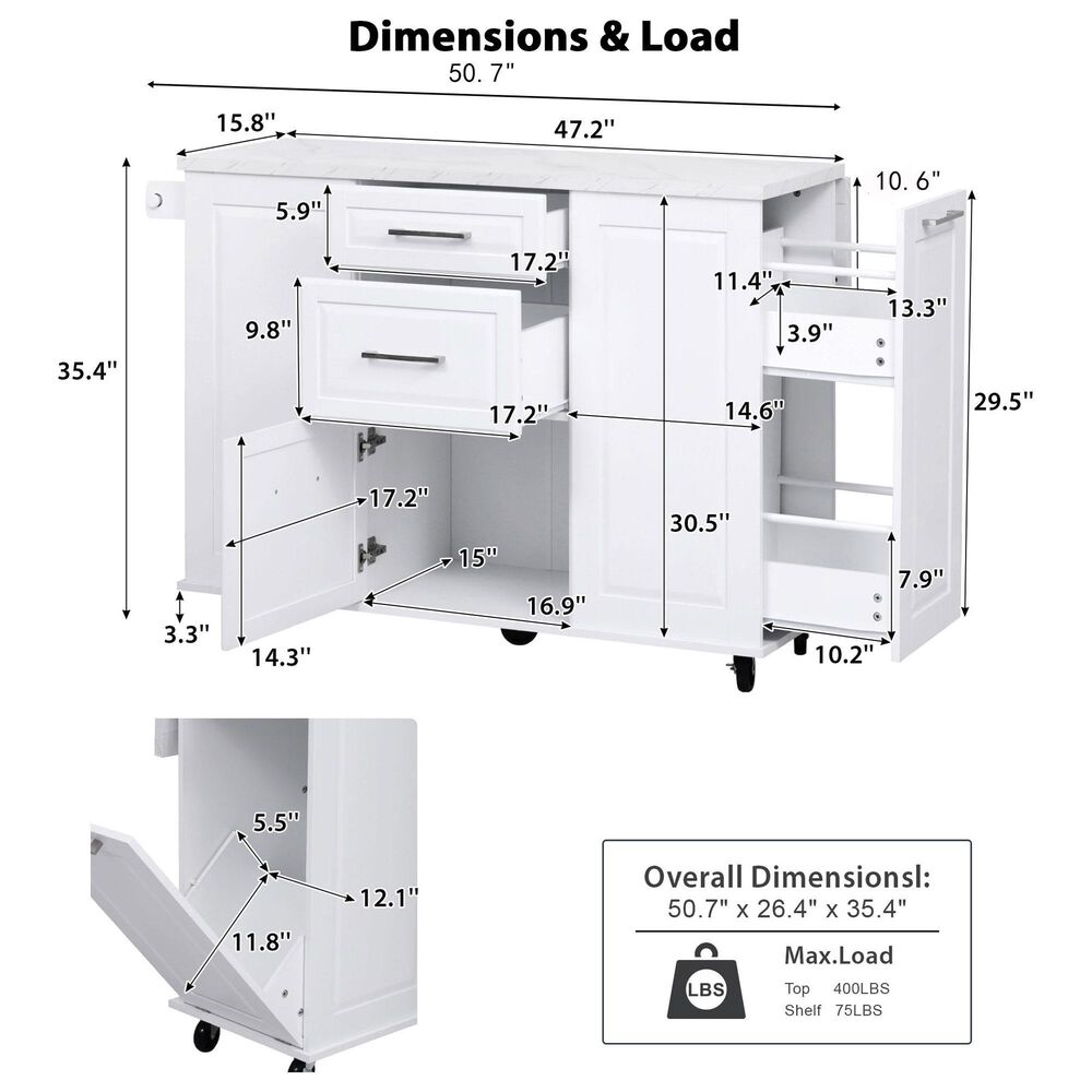 HOMLUX 51" Kitchen Island with Tilt Trash Can Cabinet in White, , large