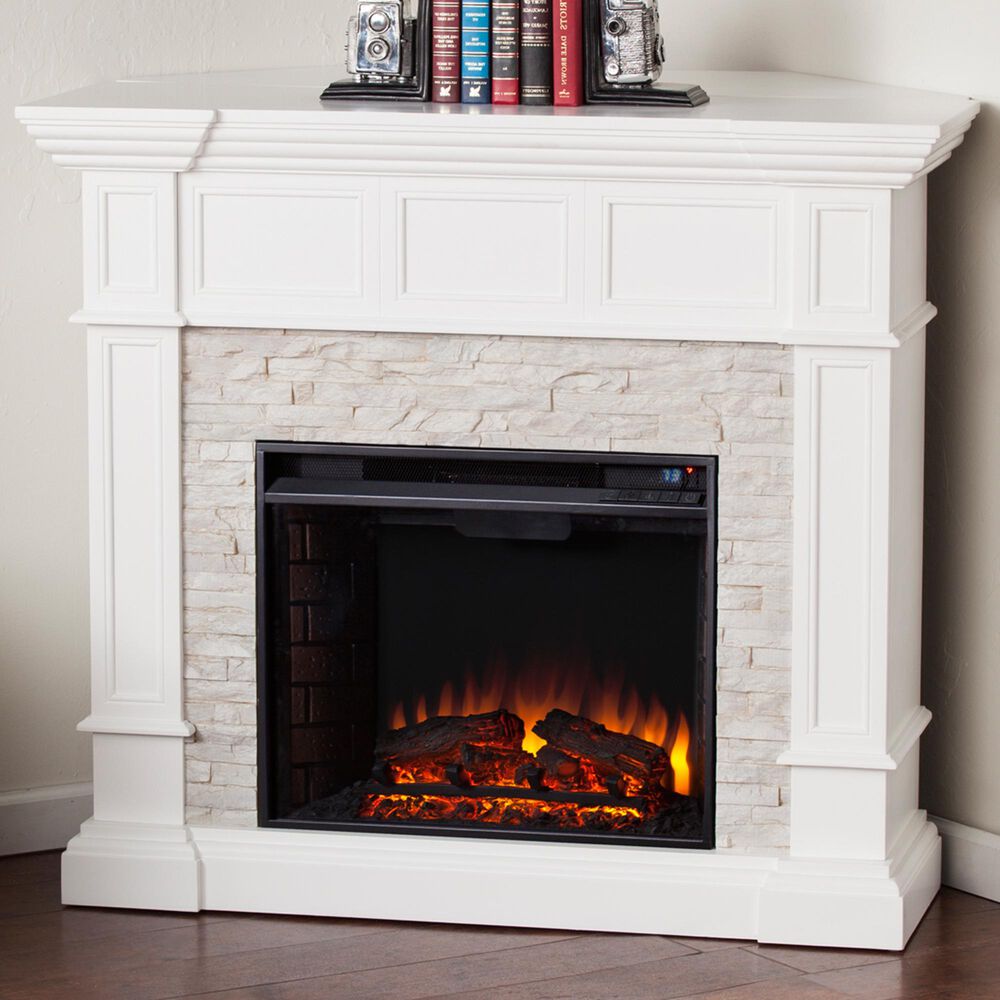 Southern Enterprises Engo Electric Convertible Corner Fireplace in Fresh White/Rustic White Faux Stone, , large