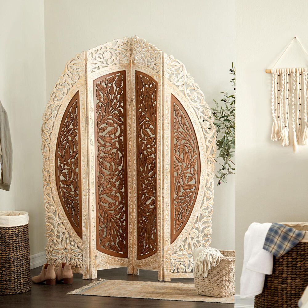 Maple and Jade 4-Panel Partition Room Divider Screen with Carved Designs in Brown and White, , large
