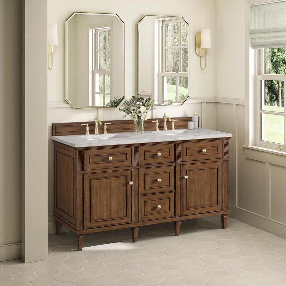 James Martin Vanities Lorelai 60" Double Bathroom Vanity in Mid-Century Walnut with 3 cm Eternal Jasmine Pearl Silestone Top, Rectangular Sinks and FreePower Wireless Charger, , large
