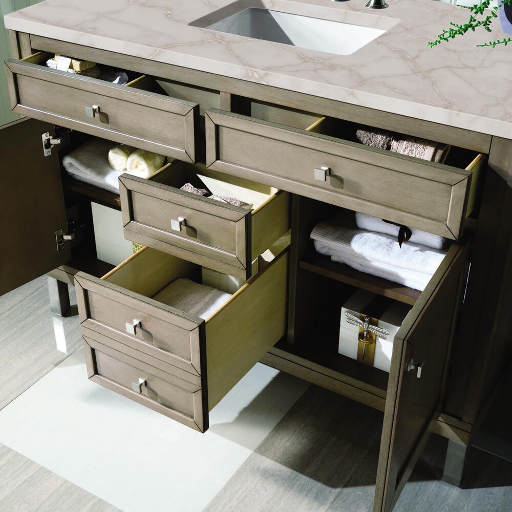James Martin Vanities Chicago 48&quot; Single Bathroom Vanity in Whitewashed Walnut with 3 cm Victorian Silver Quartz Top and Rectangular Sink, , large