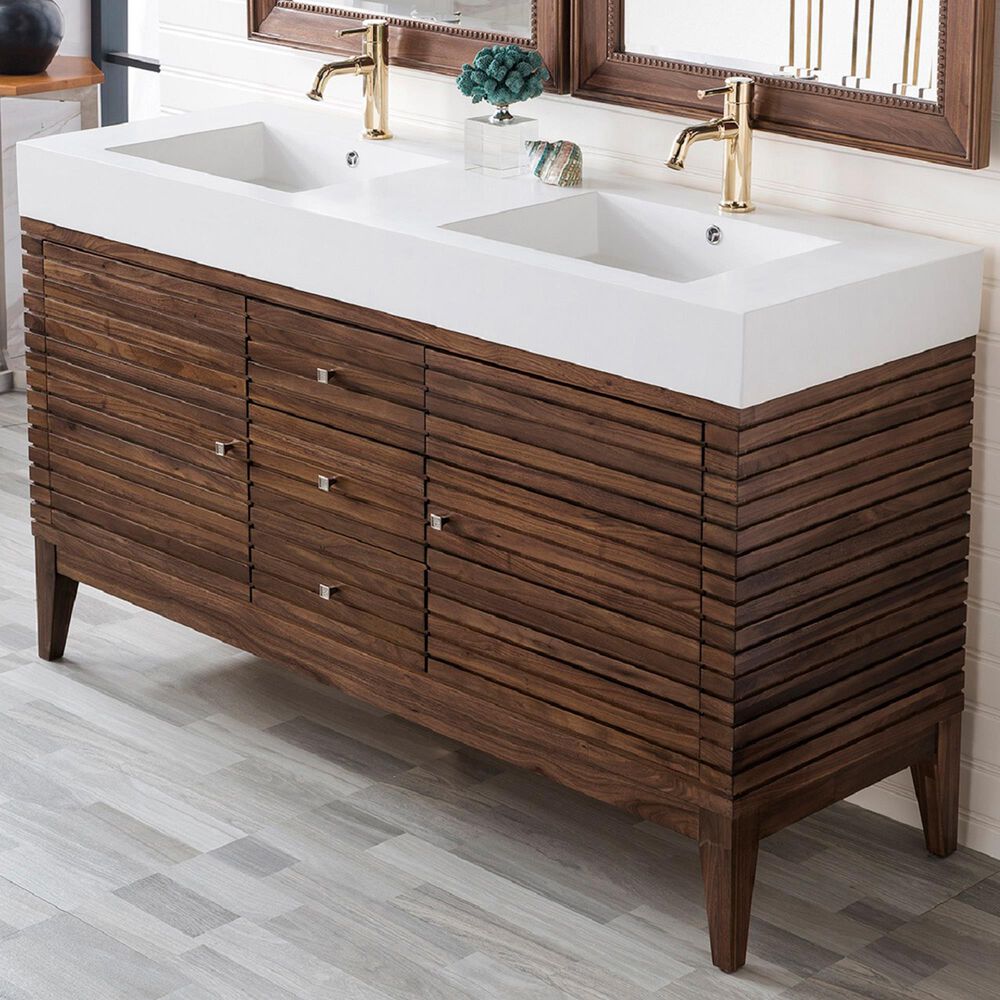 James Martin Vanities Linear 59&quot; Double Bathroom Vanity in Mid Century Walnut with 15 cm Glossy White Solid Surface Top and Rectangular Sinks, , large