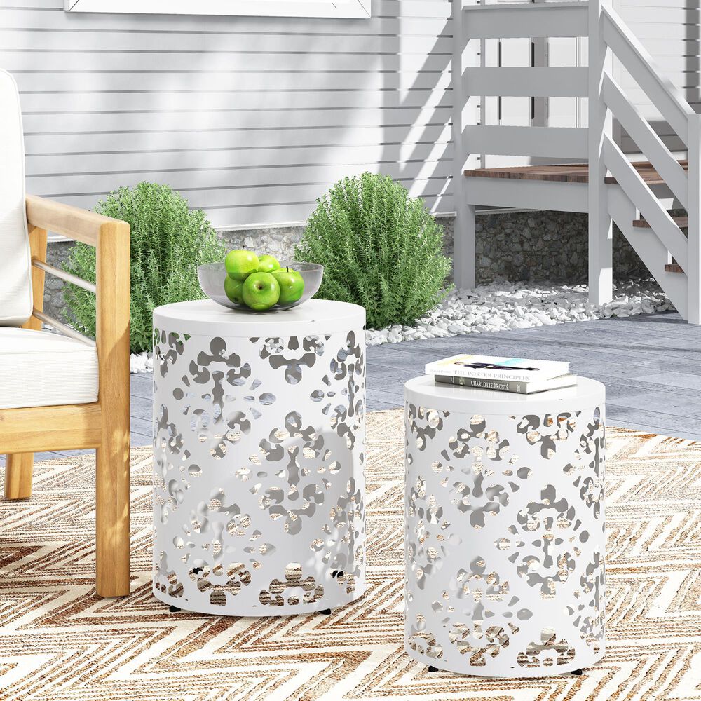 Hearth and Haven Outdoor End Table with Floral Pattern in White (Set of 2), , large