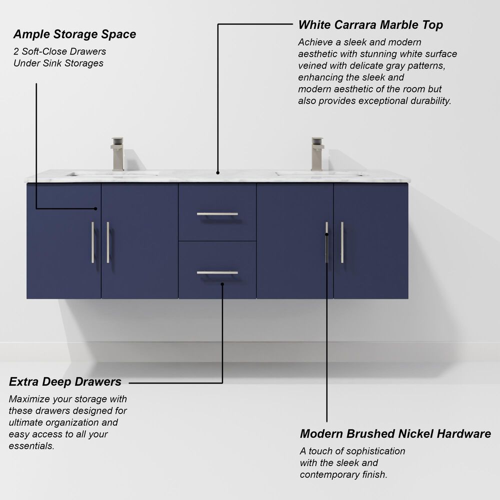 Lexora Home Geneva 60" Double Bathroom Vanity in Navy Blue with 2 cm White Carrara Marble Top and Rectangular Sinks, , large
