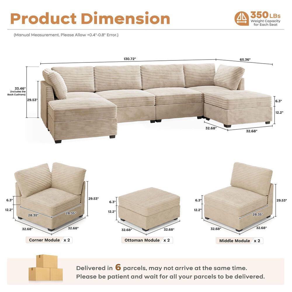 HOMLUX 6-Piece Mod Sectional with Ottomans in Beige, , large