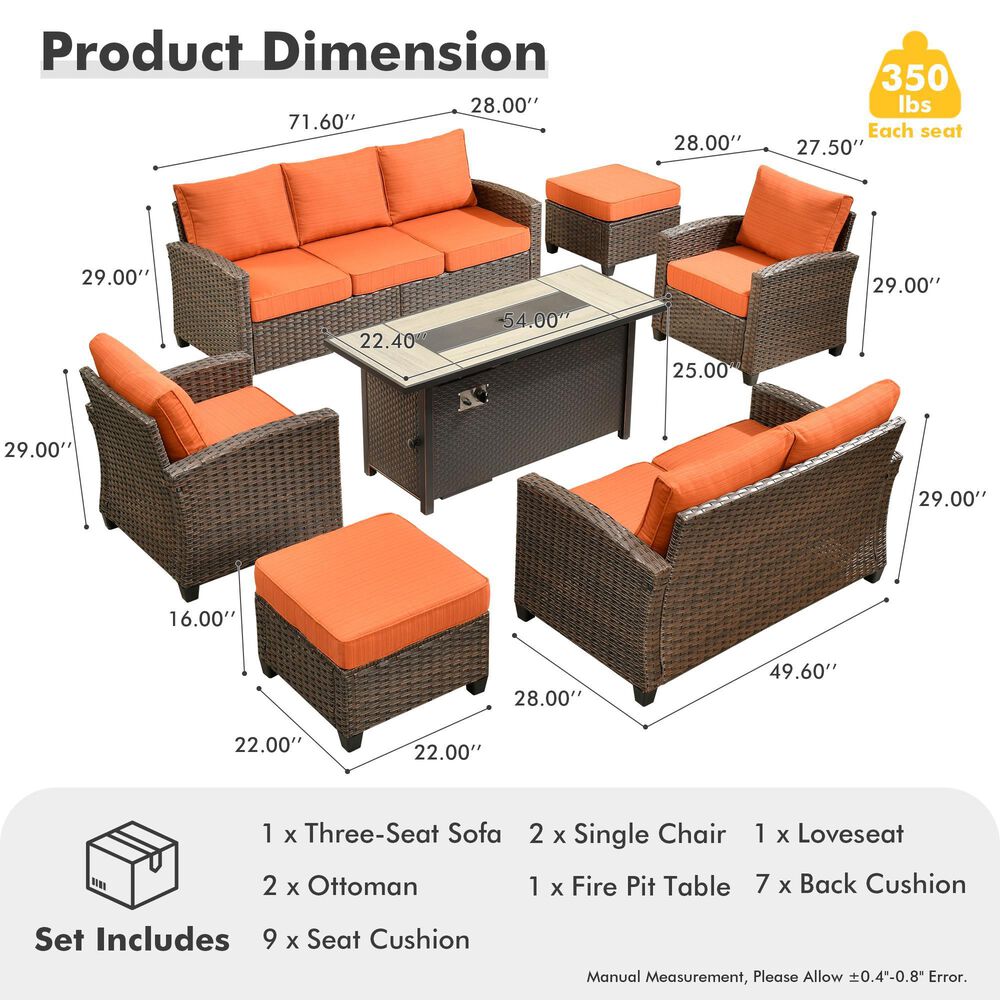 HOMLUX 7-Piece Patio Conversation Set with Fire Pit Table in Orange Red, , large