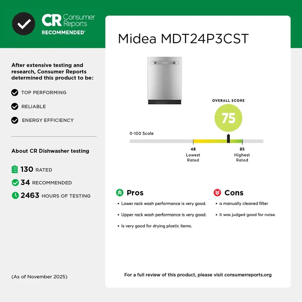 Midea 24" Built-In Top Control Dishwasher with 3-Stage Total Drying in Stainless Steel, , large