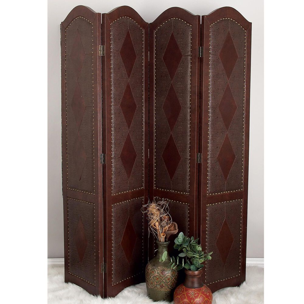Maple and Jade Traditional Faux Leather Covering Room Divider Screen in Brown, , large