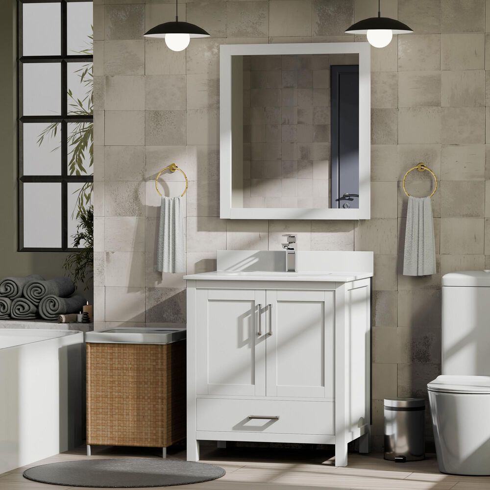 Lexora Home Jacques 30" Single Bathroom Vanity in White with 2 cm White Quartz Top and Rectangular Sink, , large