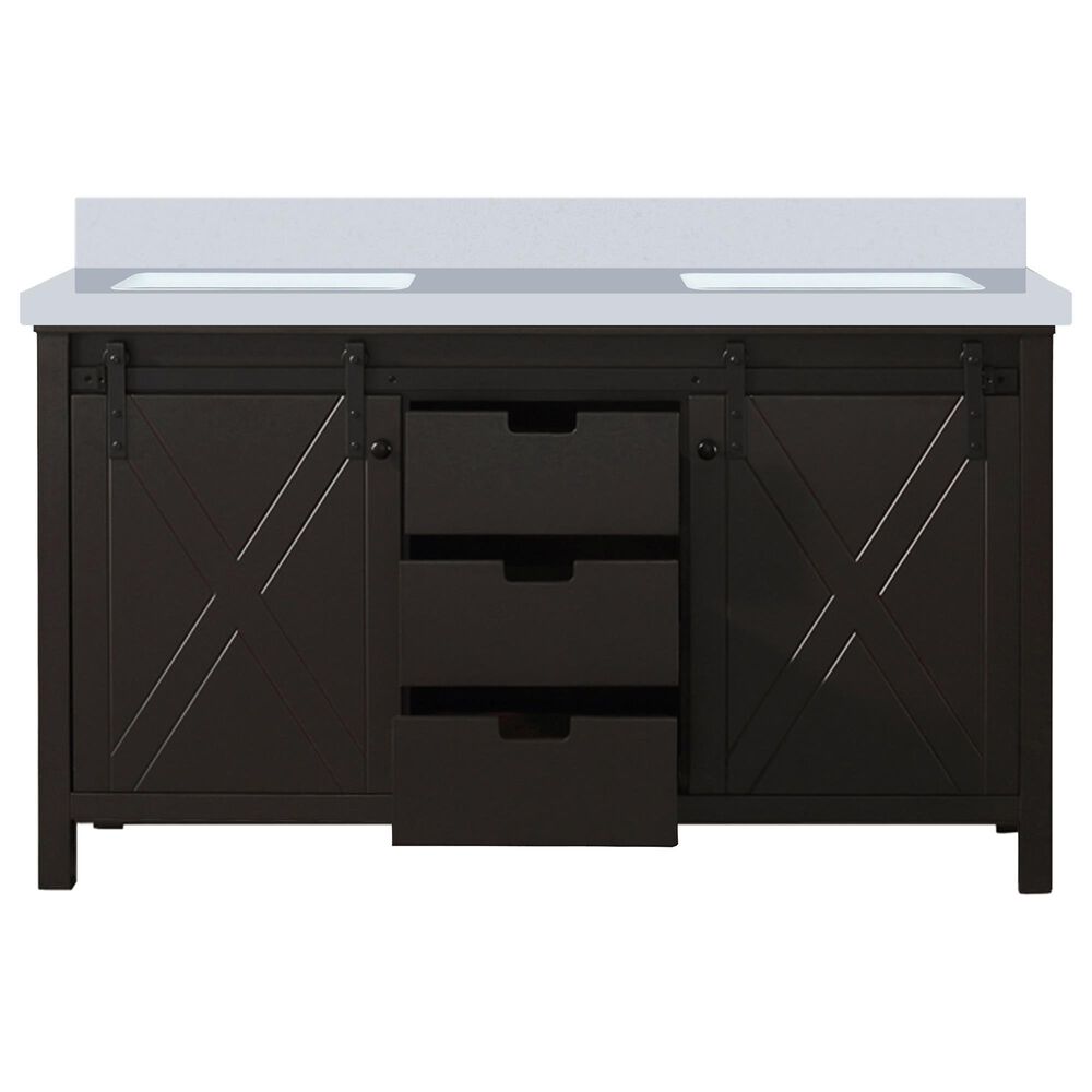 Lexora Home Marsyas 60&quot; Double Bathroom Vanity in Brown with 2 cm White Cultured Marble Top and Rectangular Sinks, , large