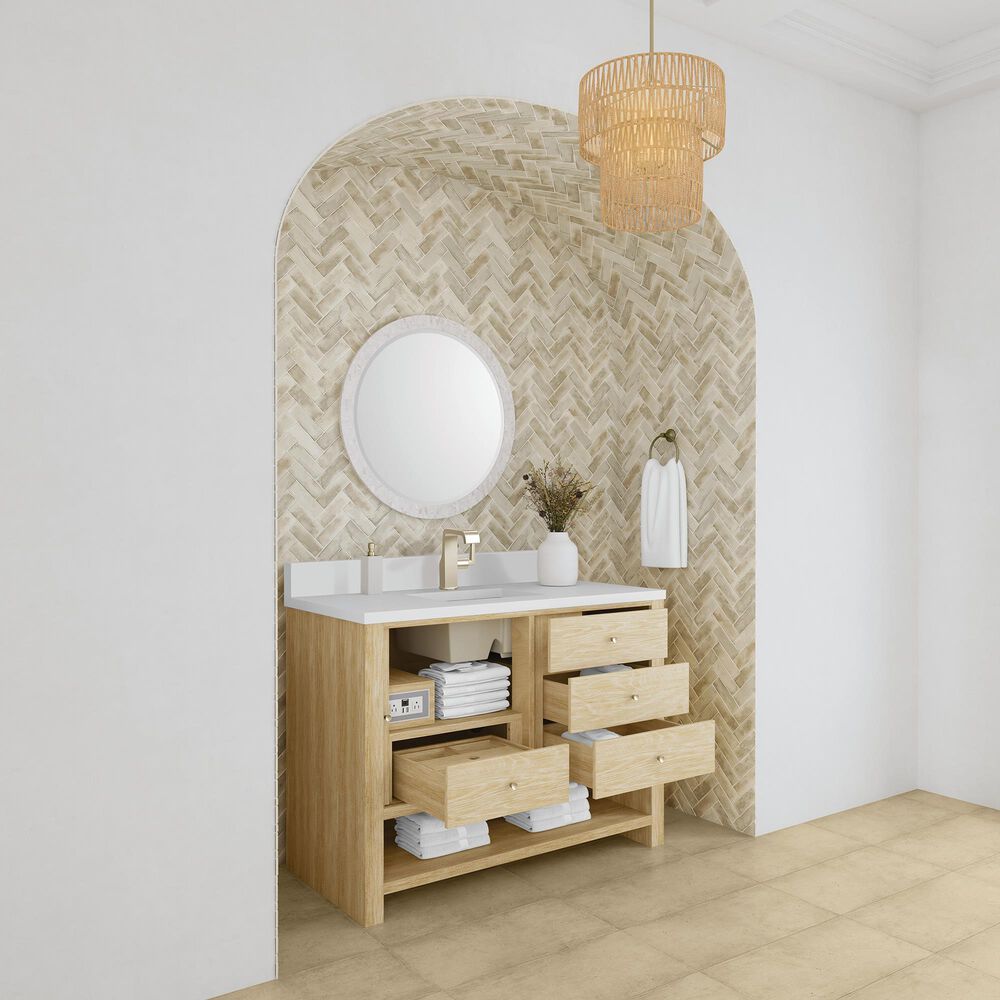 James Martin Vanities Marigot Single 48&quot; Single Vanity in Sun-washed Oak with Single Hole 3 cm White Zeus Quartz Top &amp; Backsplash, , large
