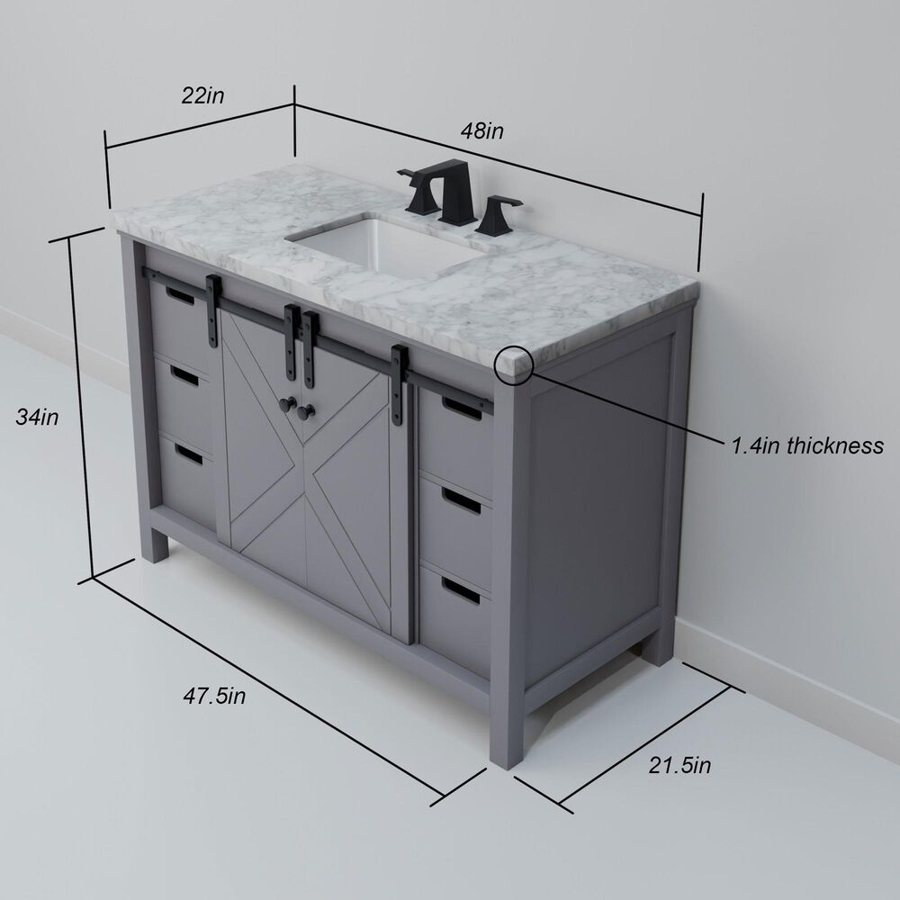 Lexora Home Marsyas 48" Single Bathroom Vanity in Dark Grey with White Carrara Marble Top and Rectangular Sink, , large