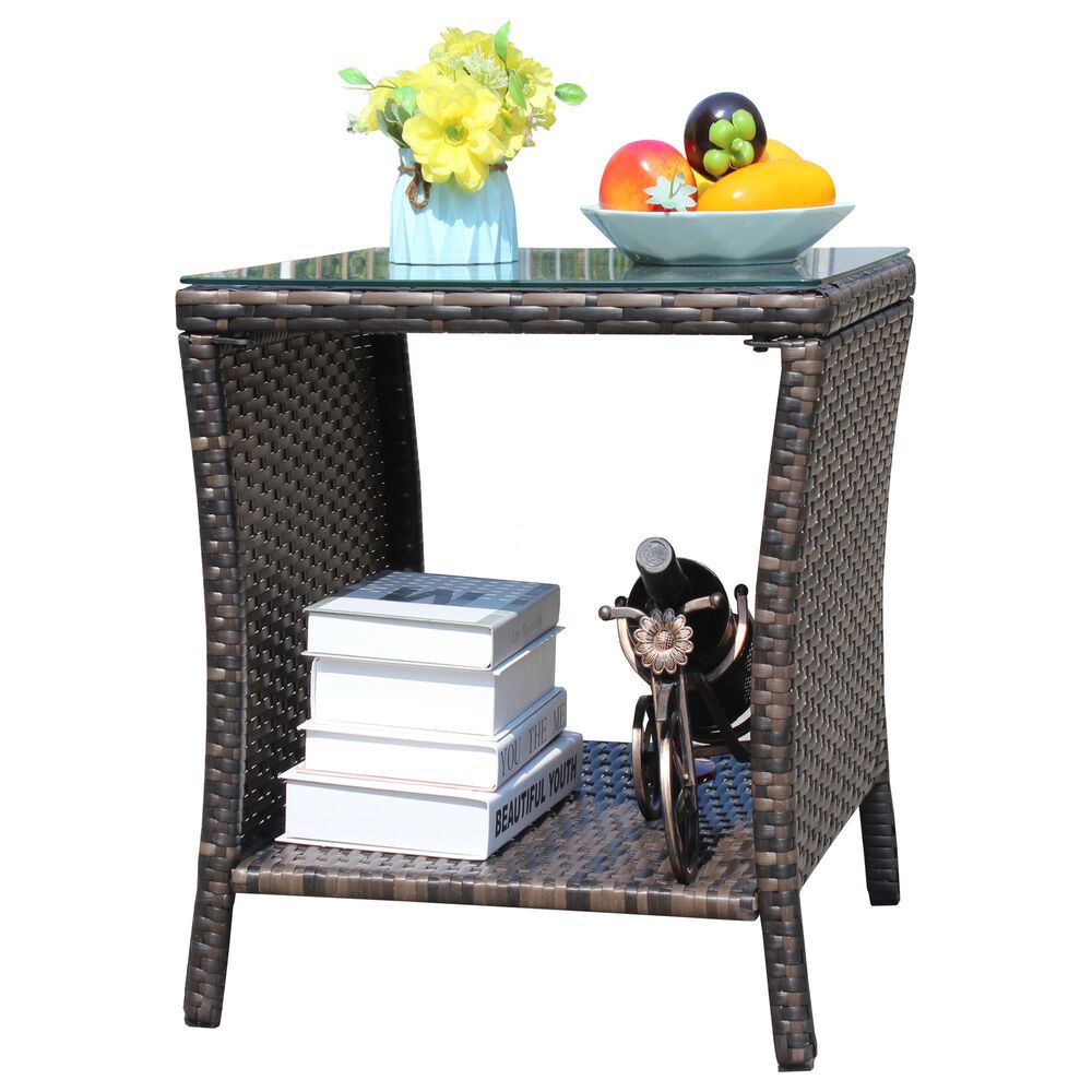 Hearth and Haven Wicker Patio Coffee Table with Clear Tempered Glass Top in Brown, , large