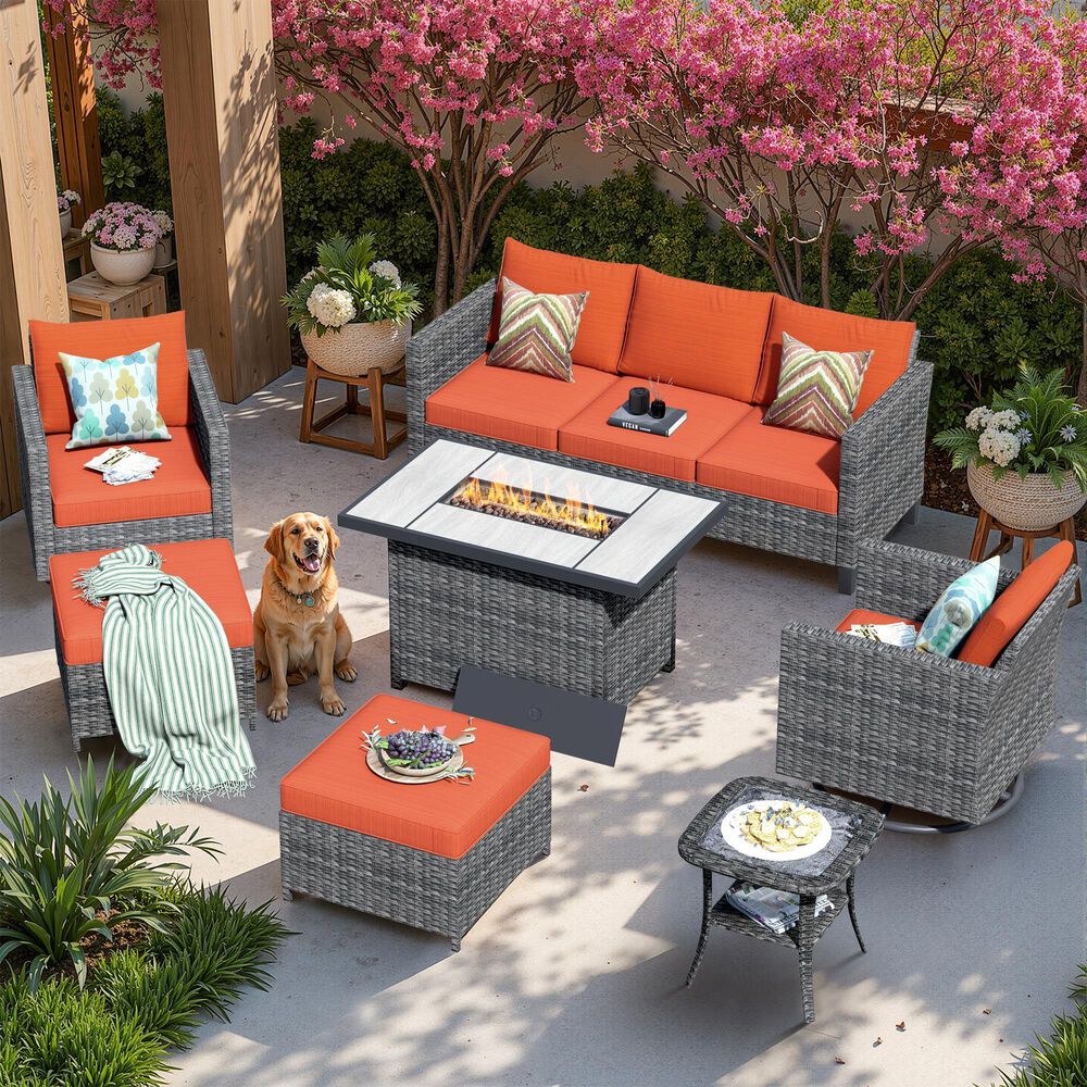 HOMLUX 7-Piece Patio Conversation Set with Rocking Chairs and Fire Pit Table in Orange Red, , large