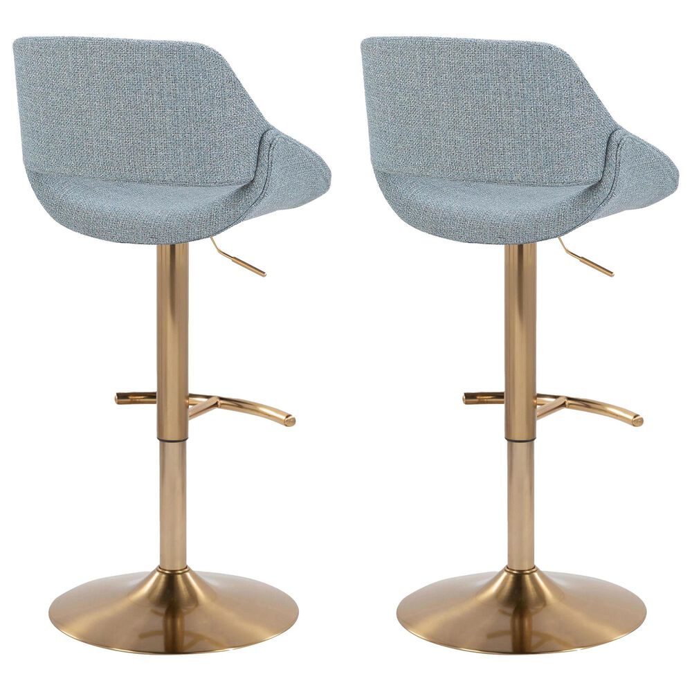 LumiSource Fabrico Swivel Adjustable Bar Stool with Blue Noise Fabric Upholstery and Rounded T Footrest in Gold (Set of 2), , large