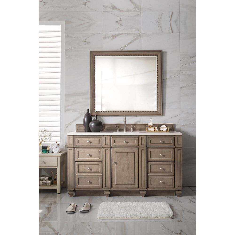 James Martin Vanities Bristol 60&quot; Single Bathroom Vanity in White Washed Walnut with 3 cm White Zeus Quartz Top and Rectangular Sink, , large
