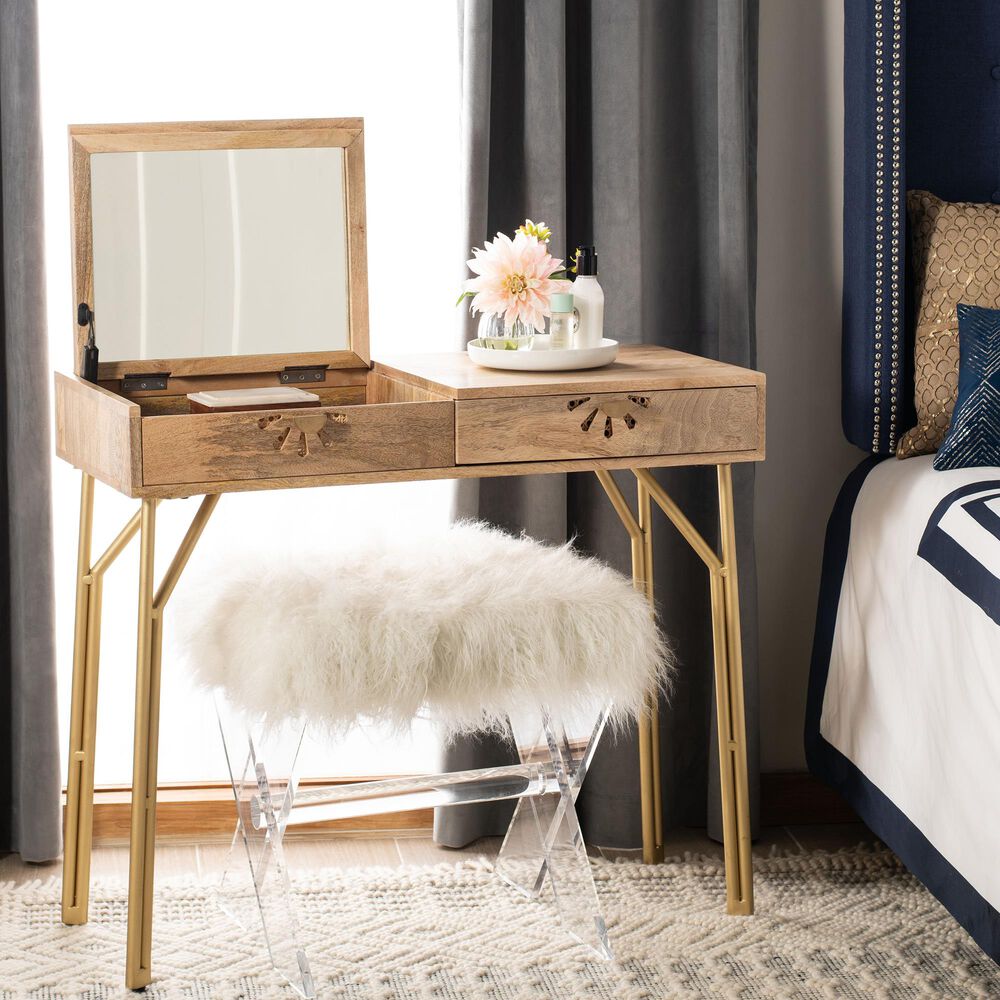 Safavieh Lily 2 Drawer Vanity with Mirror in Natural/Brass, , large