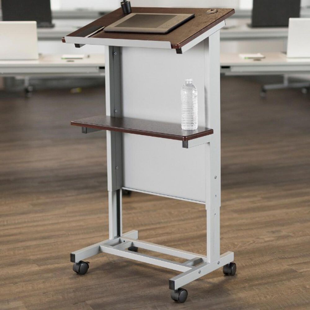 Luxor Adjustable Height Mobile Podium in Silver and Walnut, , large