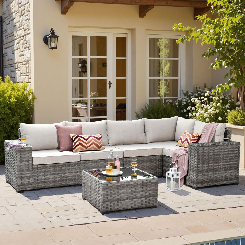 HOMLUX 6-Piece Outdoor Wicker Sectional Patio Furniture Set in Beige, , large