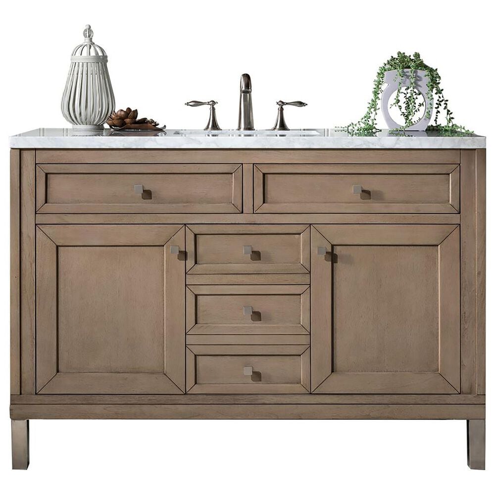 James Martin Vanities Chicago 48" Single Bathroom Vanity in Whitewashed Walnut with 3 cm Carrara White Marble Top and Rectangular Sink, , large
