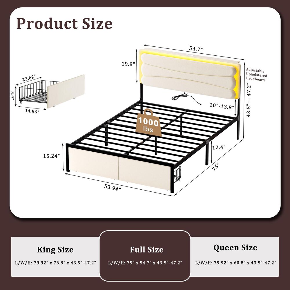 HOMLUX Full Upholstered Platform Storage Bed Frame in Beige, , large
