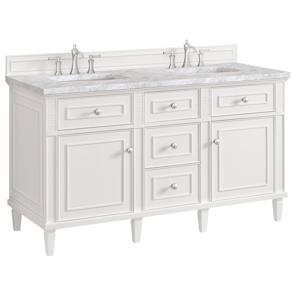 James Martin Vanities Lorelai 60" Double Vanity in Bright White with 3 cm Carrara White Marble Top, , large