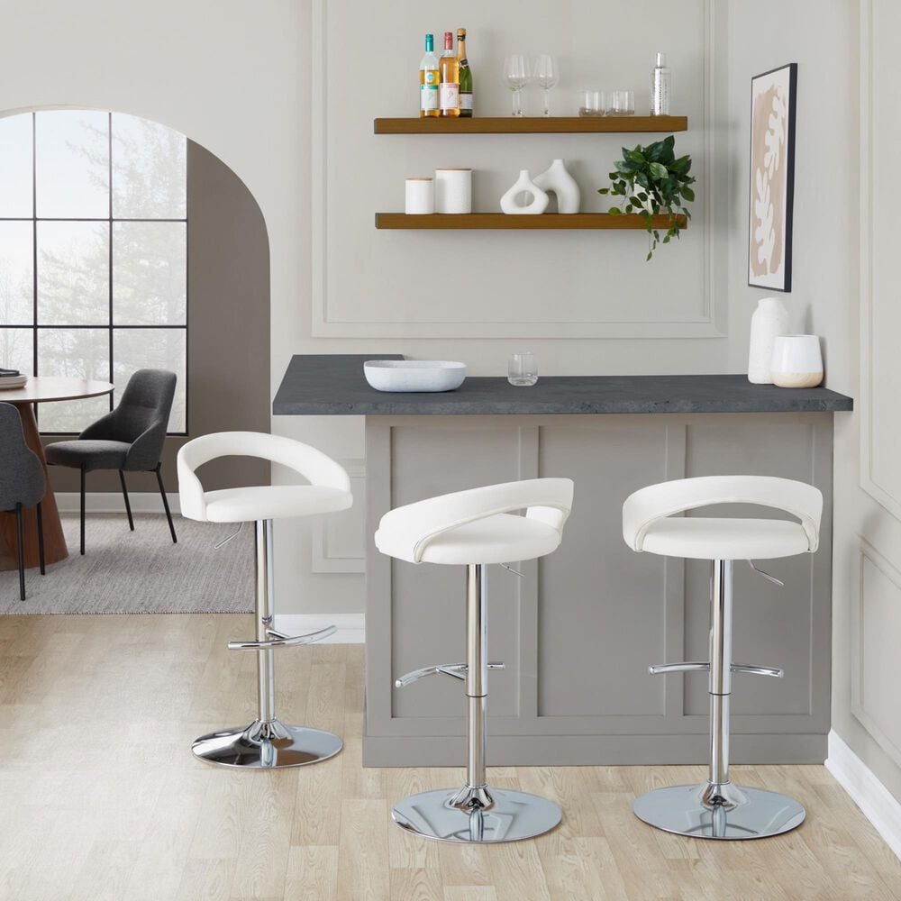 LumiSource Grotto Swivel Adjustable Bar Stool with White Faux Leather Upholstery in Chrome (Set of 2), , large